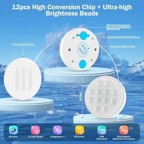 Miniatura 4 de Luces para piscina, luces LED sumergibles recargables de ultra alta luminosidad con control remoto, luz LED magnética impermeable IP68 de 22