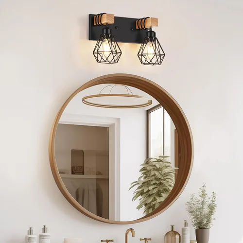 Miniatura 7 de FadimiKoo Aplique de pared de baño de madera de estilo rústico de 2 luces, accesorio de iluminación de tocador de granja para baño, lámpara de pared