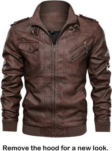 Miniatura 5 de Hood Crew - Chaqueta bomber para hombre, casual, con cuello alto, cazadora de moto, de piel sintética de poliuretano, con cremallera y capucha Marrón