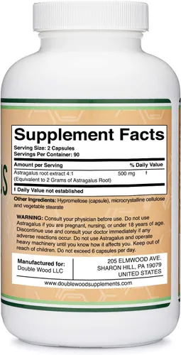 Miniatura 4 de Double Wood Supplements Astrágalo estimulante inmune 500 mg 180 cápsulas - Rico en flavonoides y polisacáridos - Sin OMG, sin gluten, probado por