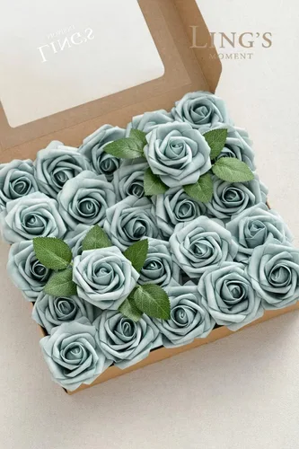 Miniatura 2 de Ling's moment Flores artificiales, 50 rosas azules polvorientas decorativas con tallos, 3 pulgadas de tacto real de espuma floral para ramo de boda