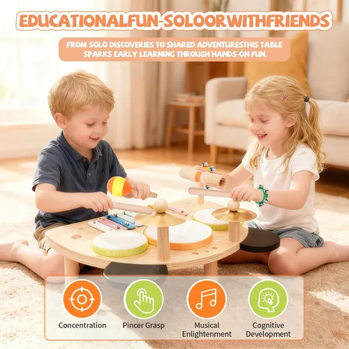 Miniatura 3 de Juego de batería para niños, instrumentos musicales Montessori para niños pequeños de 1 a 6 años, juguetes de madera, mesa de música Montessori, kit