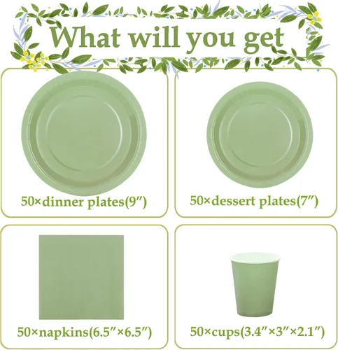 Miniatura 3 de Platos de papel verde salvia, platos y servilletas, suministros para fiesta, 200 unidades, decoración de despedida de soltera, cumpleaños, 50