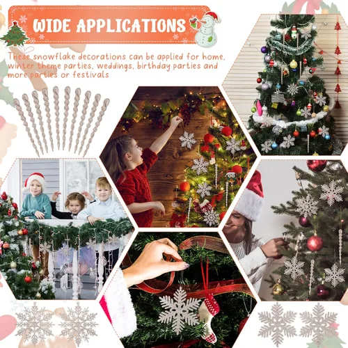 Miniatura 6 de Deekin 72 piezas adornos de carámbano de copo de nieve para árbol de Navidad, carámbanos torcidos de copo de nieve con purpurina, decoraciones