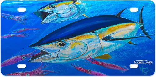 Lobo Lures Bigeye Atún Chasing Squif por Mark Ray Auto Vanity Plate | Garage o Mancave Art, placa de aluminio con revestimiento UV
