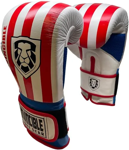 Invincible Fight Gear Hook and Loop Leather Training Boxing Gloves with USA Flag Colors - Ideal for Boxing, Kickboxing, Muay Thai, MMA for Men Women
