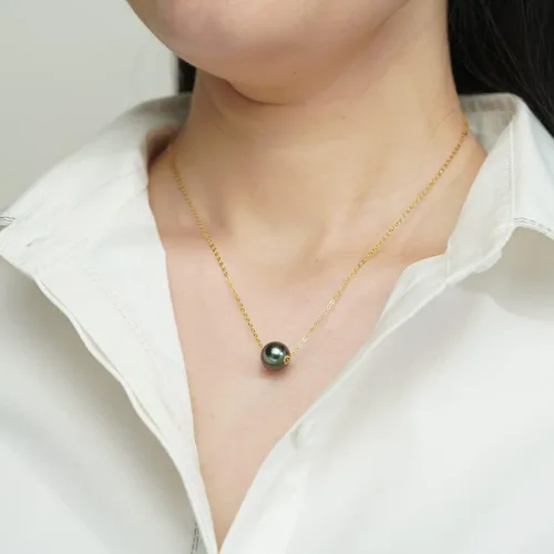 Miniatura 5 de Collar con colgante de perlas negras tahitianas de 18 quilates, calidad AAAA de 10 a 0.433in, perla cultivada natural del Mar del Sur de 18