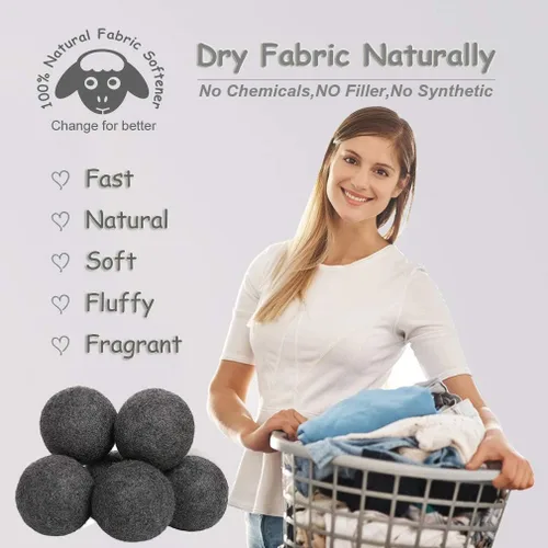 Miniatura 4 de Budieggs Bolas secadoras de lana gris oscuro XL, paquete de 6, suavizante de tela 100% orgánico de Nueva Zelanda para más de 1000 cargas, seguras