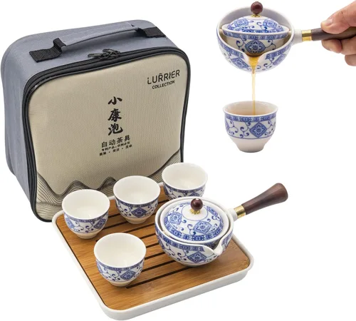 Miniatura 10 de LURRIER Juego de té chino de porcelana Gongfu, juego de tetera portátil con rotación de 360 grados, tetera y infusor, juego todo en uno portátil