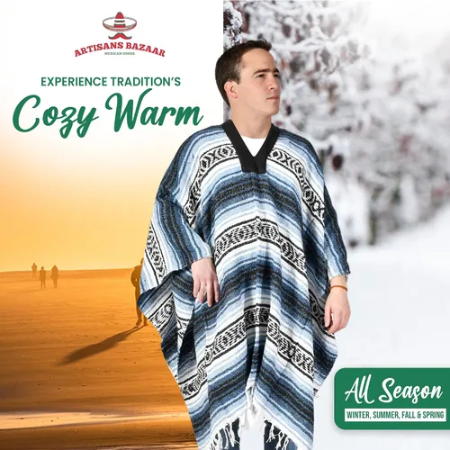 Miniatura 113 de Artisans Bazaar Poncho tradicional mexicano de Baja para hombres y mujeres, auténtico sarape de Gaban, manta de vaquero Pancho Jorongo