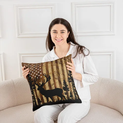 Miniatura 5 de Funda de almohada de piel de vaca, con bandera estadounidense, ciervos, cuernos de caza, para decoración del hogar, sala de estar, funda de cojín