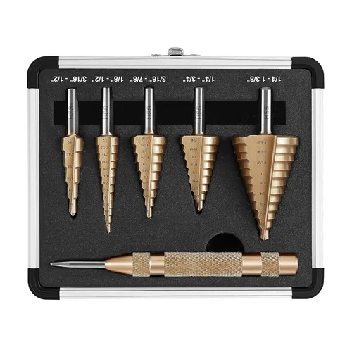 Miniatura 7 de Brocas escalonadas, juego de 5 brocas de titanio HSS, 50 tamaños de brocas de acero de alta velocidad para caja de aluminio