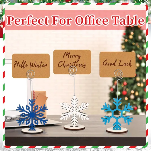 Miniatura 4 de Funnymoom - 20 unidades de soportes de madera para tarjetas navideñas con diseño de copo de nieve azul y blanco, y 20 tarjetas Kraft para nombres