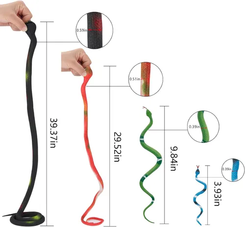 Miniatura 2 de Outee 7 serpientes de goma realistas – Juguetes falsos de serpiente negra de 15 a 47.2 pulgadas para accesorios de jardín, pájaros asustadores