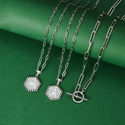 Miniatura 6 de M MOOHAM - Collares de oro chapados con oro de 14 quilates para mujer, con dije hexagonal, con letras, broche de barra de pasador, gargantilla