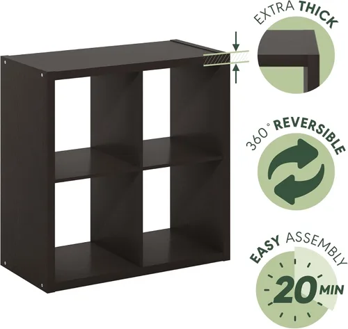 Miniatura 6 de Furinno CUBICLE Estantería de Libros, Estantería de 4 Cubos, Marco Extra Grueso Estantería Reversible con Respaldo Abierto, 14.6" x 30" x 30" Negro
