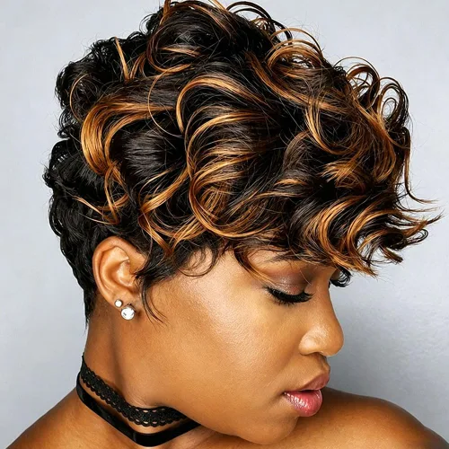Miniatura 15 de MOONSHOW - Pelucas cortas de corte Pixie para mujeres negras, peluca de corte Pixie marrón Short Pixie Wigs for Black Women Natural Layered Short
