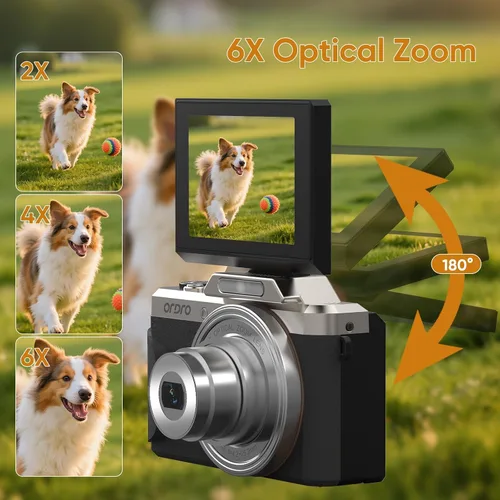 Miniatura 3 de Cámaras digitales de 64MP para fotografía, cámara compacta ORDRO D27 4K, enfoque automático con zoom óptico 6X y antivibración, pantalla abatible