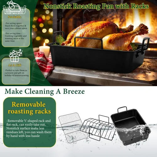 Miniatura 7 de E-far Bandeja para asar con rejillas, asador pequeño de pavo de acero inoxidable con rejilla en forma de V y rejilla de enfriamiento para horno
