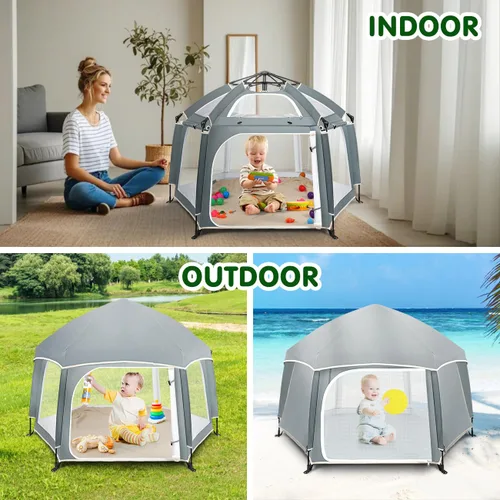 Miniatura 6 de Corralito desplegable para bebé, corralito portátil para bebés y niños pequeños con sombras extraíbles y 2 cubiertas UV laterales, corralito ligero
