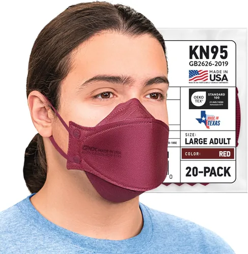 BNX - Paquete de 20 mascarillas KN95, mascarilla desechable de partículas KN95 fabricada en Estados Unidos, estilo tri-fold cup/fish