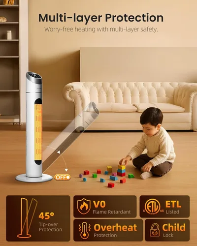 Miniatura 4 de Calentador de espacio para uso en interiores, calentador de espacio de 34 pulgadas para habitaciones grandes, calentador de torre de 1500 W