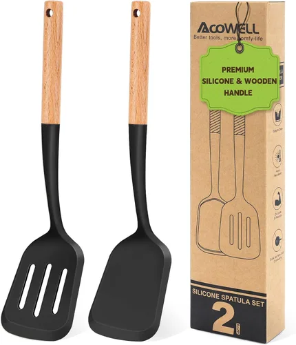 Juego de 2 espátulas de silicona con elegante mango de madera, resistente al calor, sólido y ranurado para sartenes antiadherentes, grandes Negro