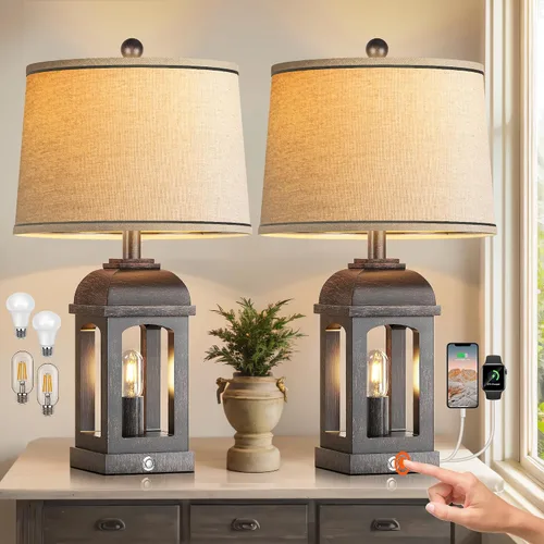Miniatura 11 de QiMH Lámpara de mesa para sala de estar, lámparas de granja con USB A+C y luz nocturna, lámparas de noche rústicas de 26" con control táctil
