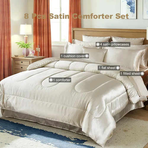 Miniatura 2 de Bedding Dreamer - Juego de edredón de satén, tamaño matrimonial, color beige, 8 piezas, juego de edredón sedoso de hotel de lujo