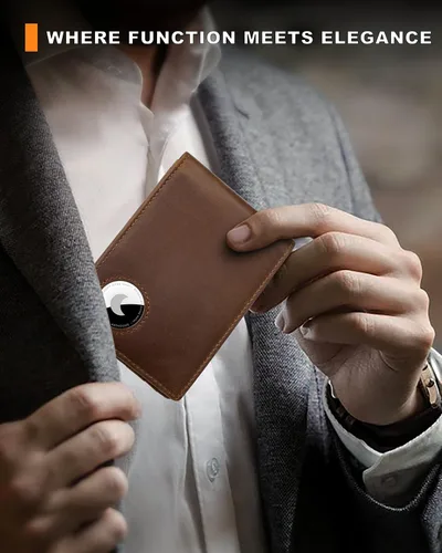 Miniatura 7 de Billetera AirTag para hombre, de piel auténtica plegable con bloqueo Rfid AirTag con ranuras para efectivo y ventana de identificación, compatible