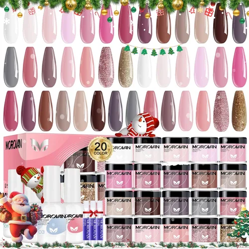Morovan - Kit de polvo de inmersión para uñas: set de iniciación de 27 piezas con 20 colores, juego de polvo de inmersión en líquido para manicura