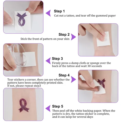 Miniatura 3 de 20 hojas de 240 piezas de cinta morada con brillantina, tatuajes de concienciación sobre violencia doméstica, tatuajes temporales, lupus