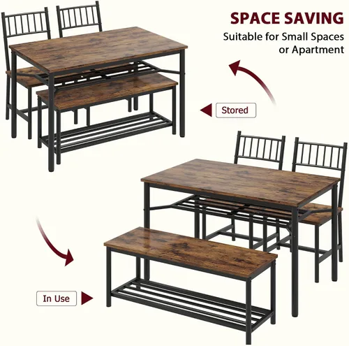 Miniatura 9 de IDEALHOUSE Juego de mesa de comedor para 4, mesa de cocina y 2 sillas con banco de almacenamiento, juego de mesa de cocina rectangular de 47.2