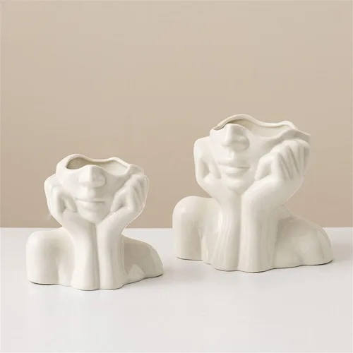 Miniatura 6 de Jarrón grande de cerámica, jarrones de flores blancas para decoración de forma femenina, jarrón de medio cuerpo, bohemio, único, decorativo