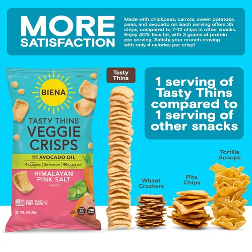 Miniatura 4 de BIENA Tasty Thins Veggie Crisps - BBQ hawaiano, paquete de 4, bolsas de 4 onzas, garbanzos y verduras, vegano, sin gluten, sin lácteos, sin OGM