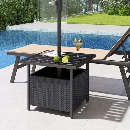 Miniatura 8 de LDAILY Mesa de patio con agujero para paraguas, 22 pulgadas de profundidad x 22 pulgadas de ancho, mesa de mimbre de ratán de polietileno, mesa