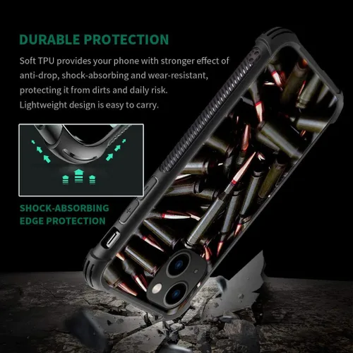 Miniatura 3 de ZHEGAILIAN Funda compatible con iPhone 14, funda de munición AK 47, parte trasera de vidrio templado+funda protectora de TPU de silicona suave