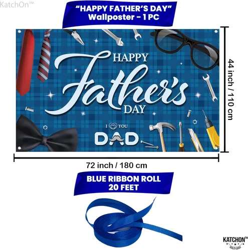 Miniatura 2 de KatchOn, Pancarta azul con texto en inglés «Happy Father's Day», extragrande, 72 x 44 pulgadas, decoración azul del día del padre para fiesta, telón