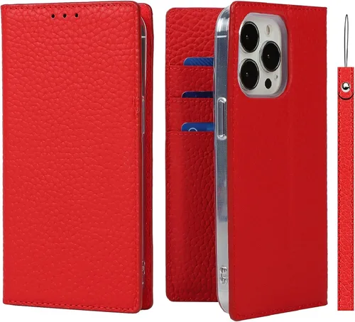 iCoverCase Compatible con iPhone 13 Pro Max, funda magnética de piel auténtica con bloqueo RFID, correa para la muñeca y ranuras para tarjetas, Rojo