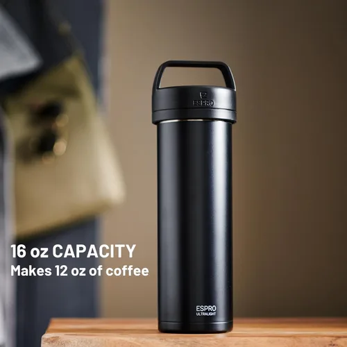 Miniatura 5 de ESPRO P0 Cafetera de prensa francesa ultraligera para viajes, acero inoxidable aislado al vacío, 16 onzas, negro meteorito mate Meteorito negro mate