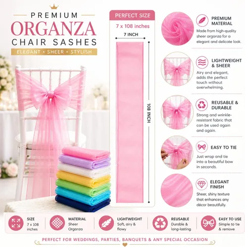 Miniatura 4 de Elegantes bandas de organza para silla, bandas de tela transparente para bodas, fiestas y eventos especiales, (paquete de 10 unidades, rosa bebé)