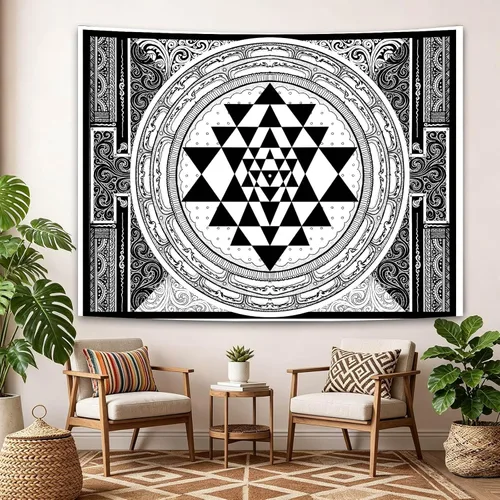 Miniatura 3 de SHRAPHY Tapiz Sri Yantra de 60 x 40 pulgadas, tapiz de meditación sentado, geometría sagrada, tapiz de arte blanco y negro para colgar en la pared