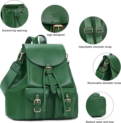 Miniatura 3 de Chillo - Mochila grande de cuero vegano para mujer, diseño multiusos, con cordón, Verde, Mochilas de mochila