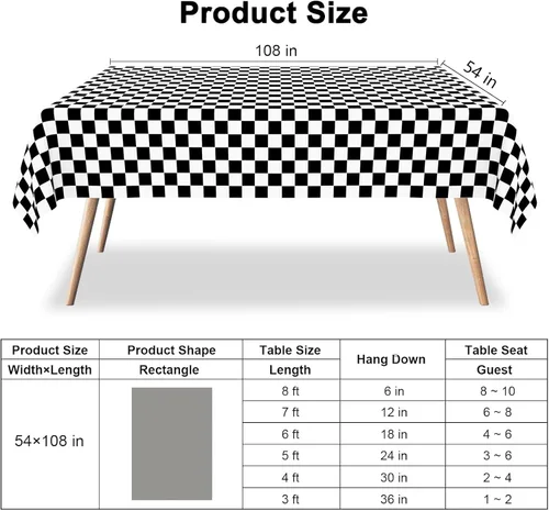Miniatura 4 de Paquete de 2 manteles de plástico a cuadros en blanco y negro para fiestas, desechables de 54 x 108 pulgadas, mantel rectangular con bandera a