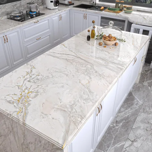 Miniatura 2 de VEELIKE Papel de contacto para encimera de mármol dorado crema, de 15.7 x 118 pulgadas, impermeable, para despegar y pegar, para cocina, papel tapiz