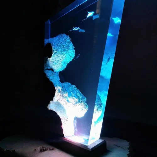 Miniatura 4 de Manta Ray and Diver - Lámpara de madera de resina para buceo, lámpara de mar azul profundo, diorama temático del océano, lámpara de rayas de rayas