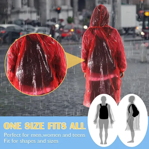 Miniatura 6 de Paquete de 12 ponchos de lluvia transparentes con capucha para adultos, familia, 3 colores, impermeables de emergencia de 51.1 pulgadas