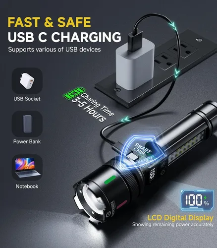 Miniatura 7 de Esgreen Linternas LED recargables de alto lúmenes 20000, paquete de 2, linterna brillante de un solo clic de larga duración de 12 horas, luz flash