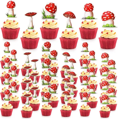 Didaey 48 piezas de decoración de hongos para cupcakes para fiesta de cumpleaños de hongos, suministros de decoración de pastel de fiesta del país