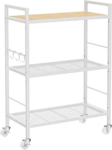 Miniatura 17 de Estante de almacenamiento de metal de 3 niveles con ruedas industriales, estantería de malla con mesa de madera, estante ajustable, 23.6 pulgadas